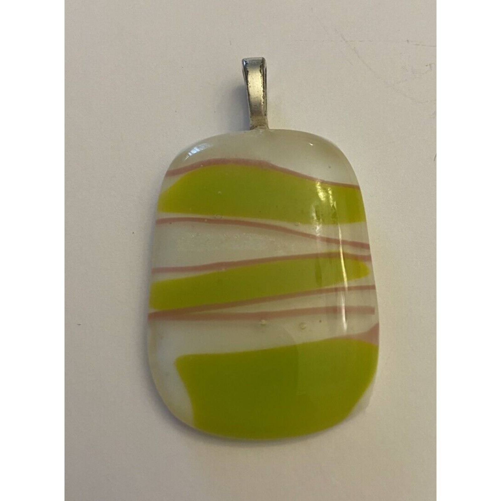 Mcm Vintage Green White Pink Fused Art Glass Pendant